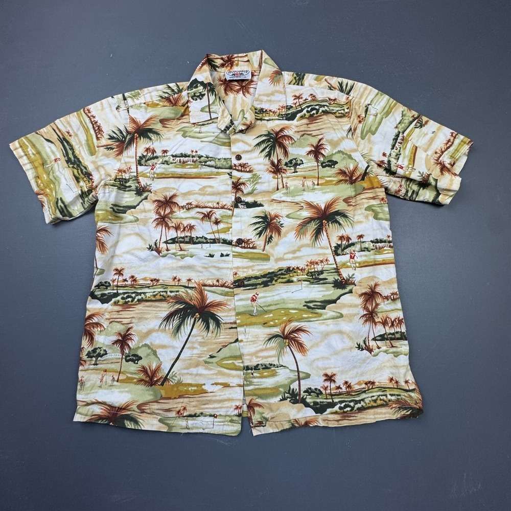 Pacific Legend Mens XL Beige Golf Course Print Hawaiian Button Up Made in Hawaii